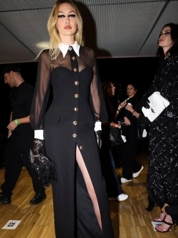 2024 New Golden Buttons White Collar Mesh Patchwork Bandage Long Dress Elegant Woman Evening Party Dress Fashion Party Outfit