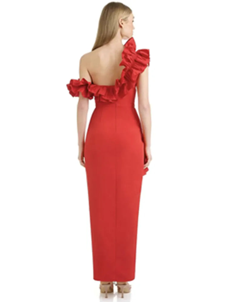 Women Celebrity Sexy Off Shoulder Ruffles Black Red Split Midi Bodycon Bandage Dress 2024 Elegant Evening Club Party Outfit