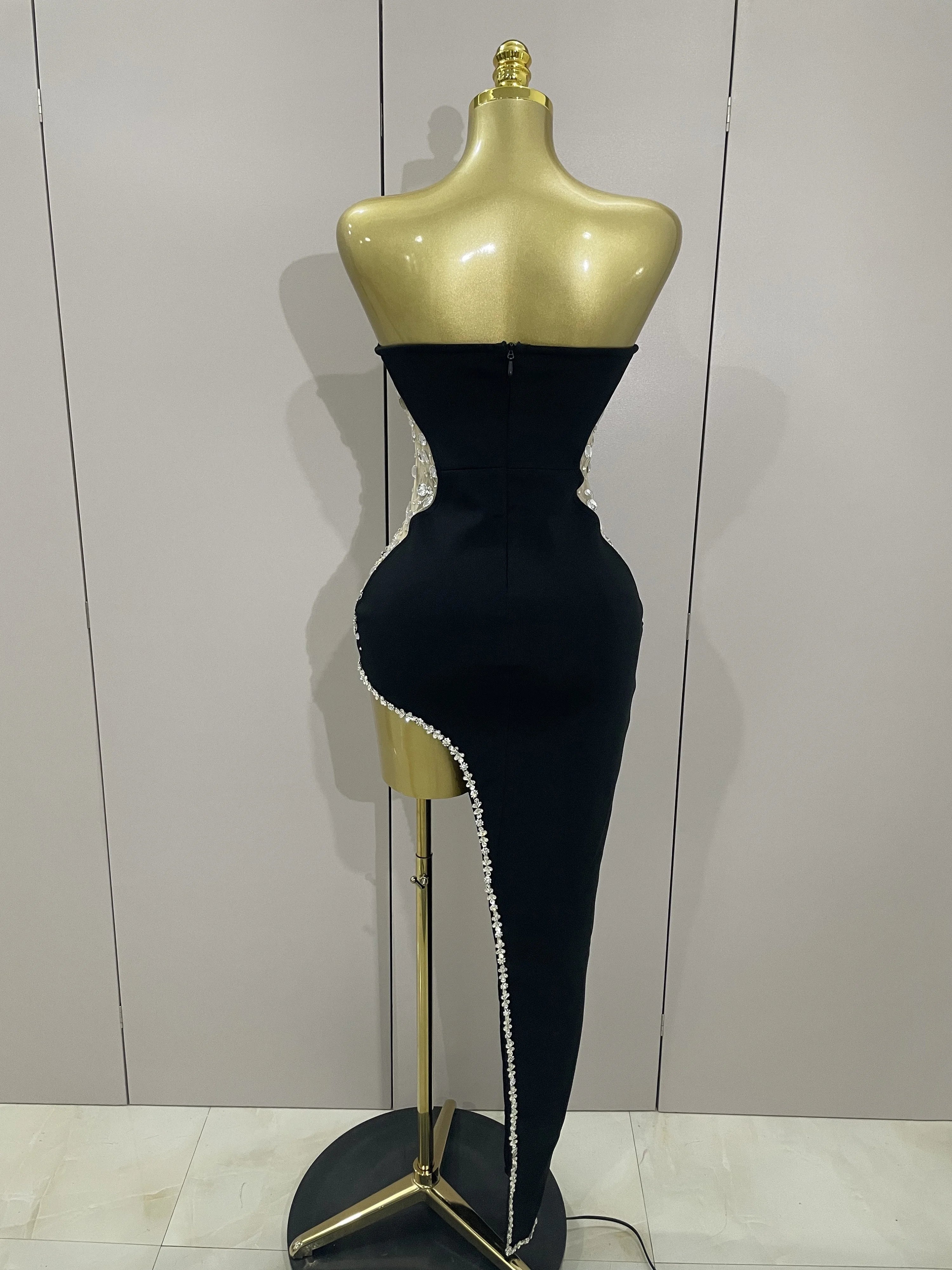 Newest Sexy Strapless Shinning Rhinestones Bodycon Bandage Long Dress Women Fashion Celebrate Evening Party Vestido