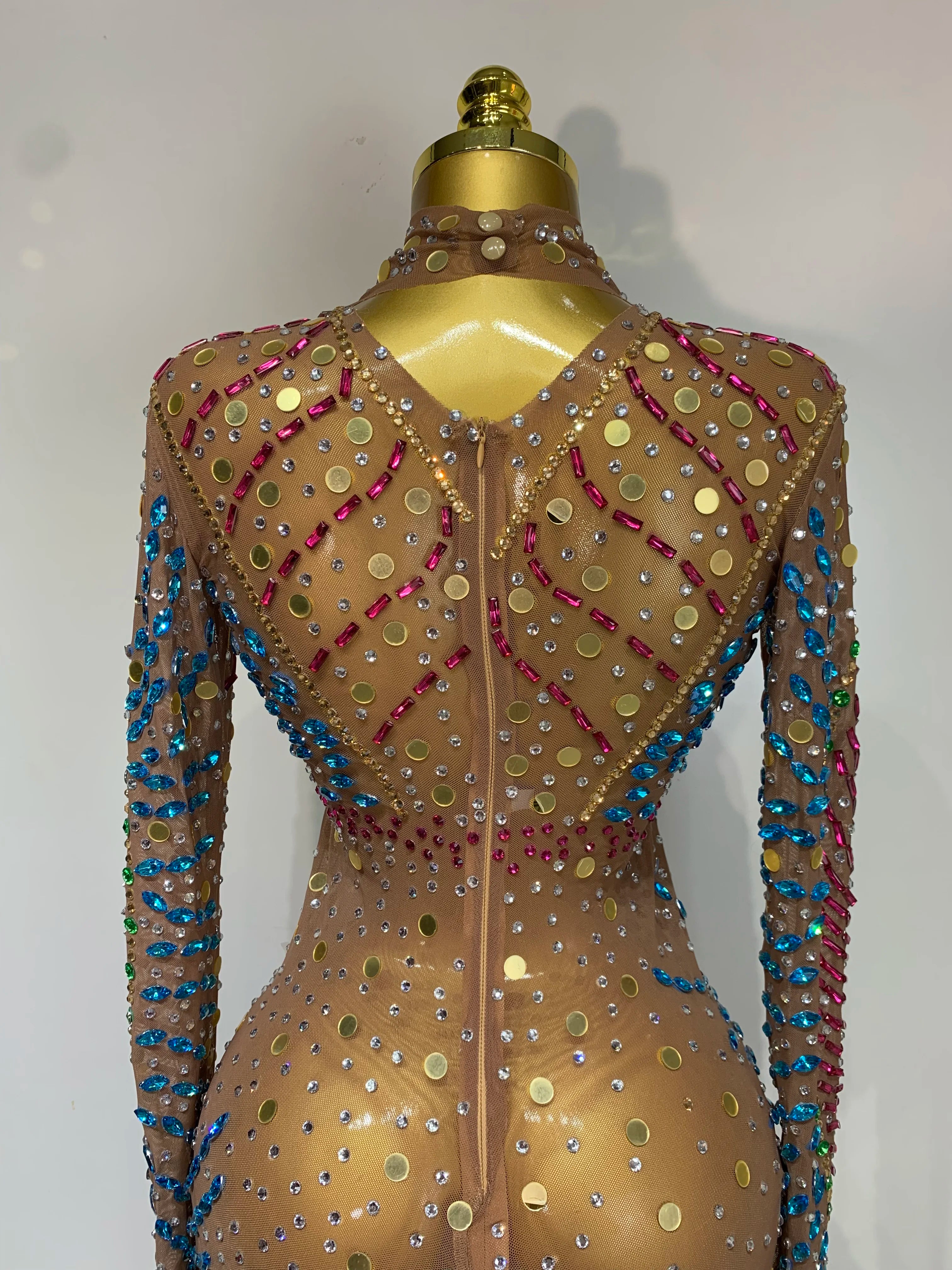 Women Sparkly Rhinestone See Through Elastic Mesh Women Long Dress Evening Prom Birthday Party Wear Club Performance Costume