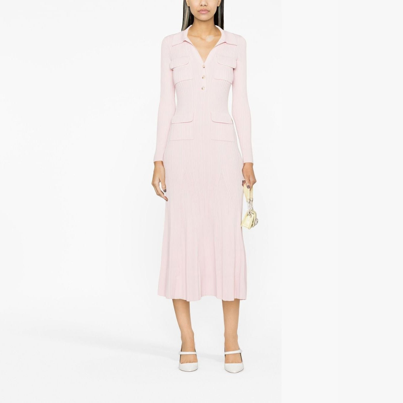 Women's pink knitted medium-length dress senior sense of fashion temperament polo collar waist-skimming long dress 2024 new