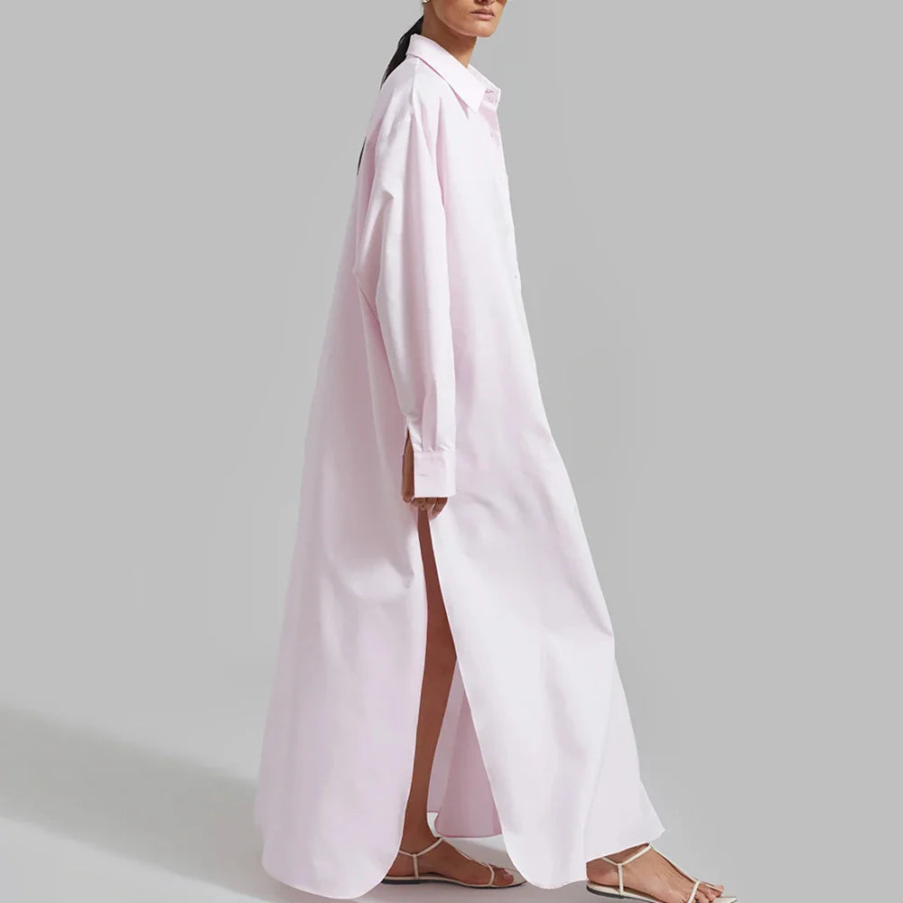 Solid Minimalist Split Dresses For Women Lapel Long Sleeve High Waist Patchwork Single Breasted Loose Dress Female PINK One Size