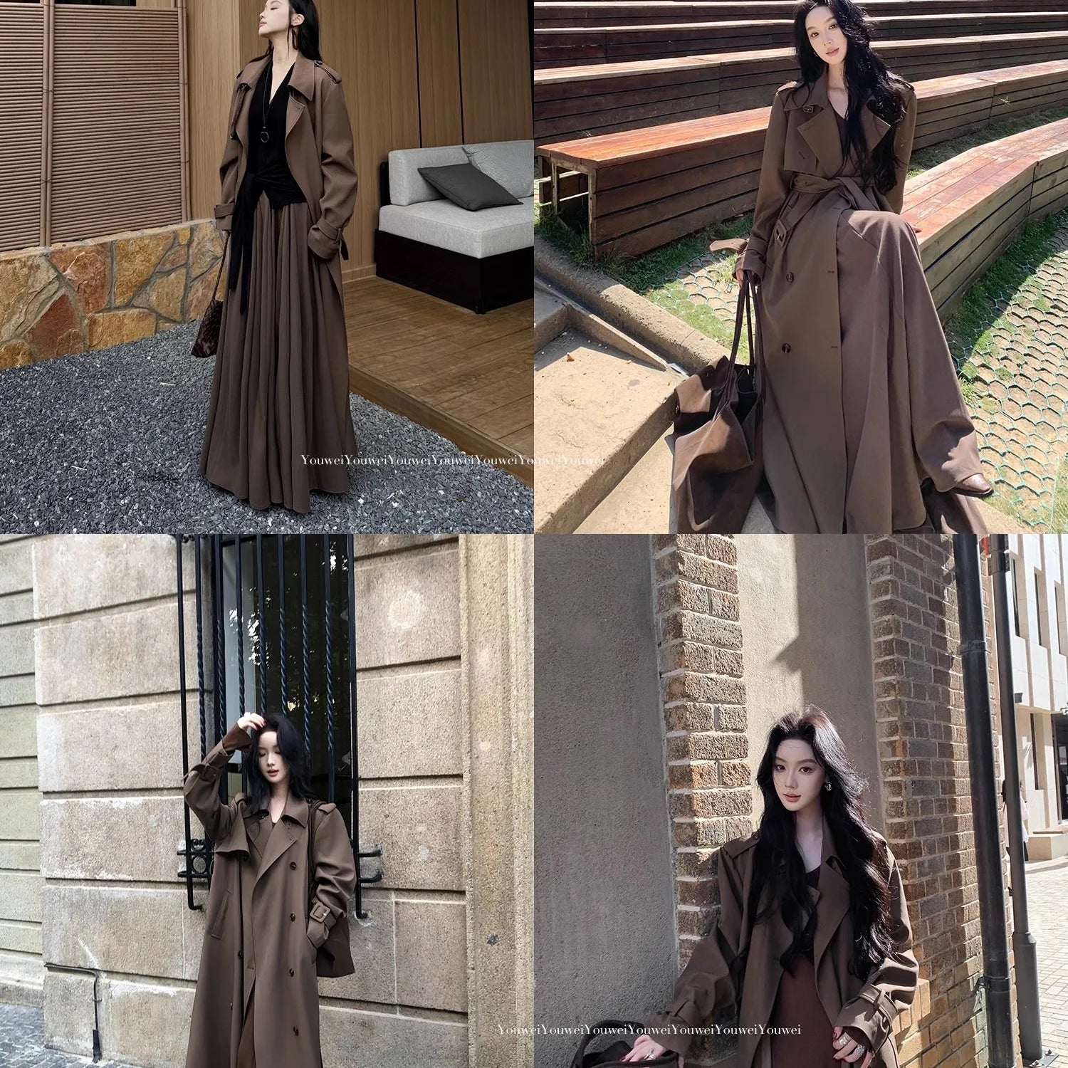 Lautaro Spring Autumn Long Flowy Coffee Trench Coat for Women Belt Double Breasted Loose Casual Overcoat Korean Clothes 2025