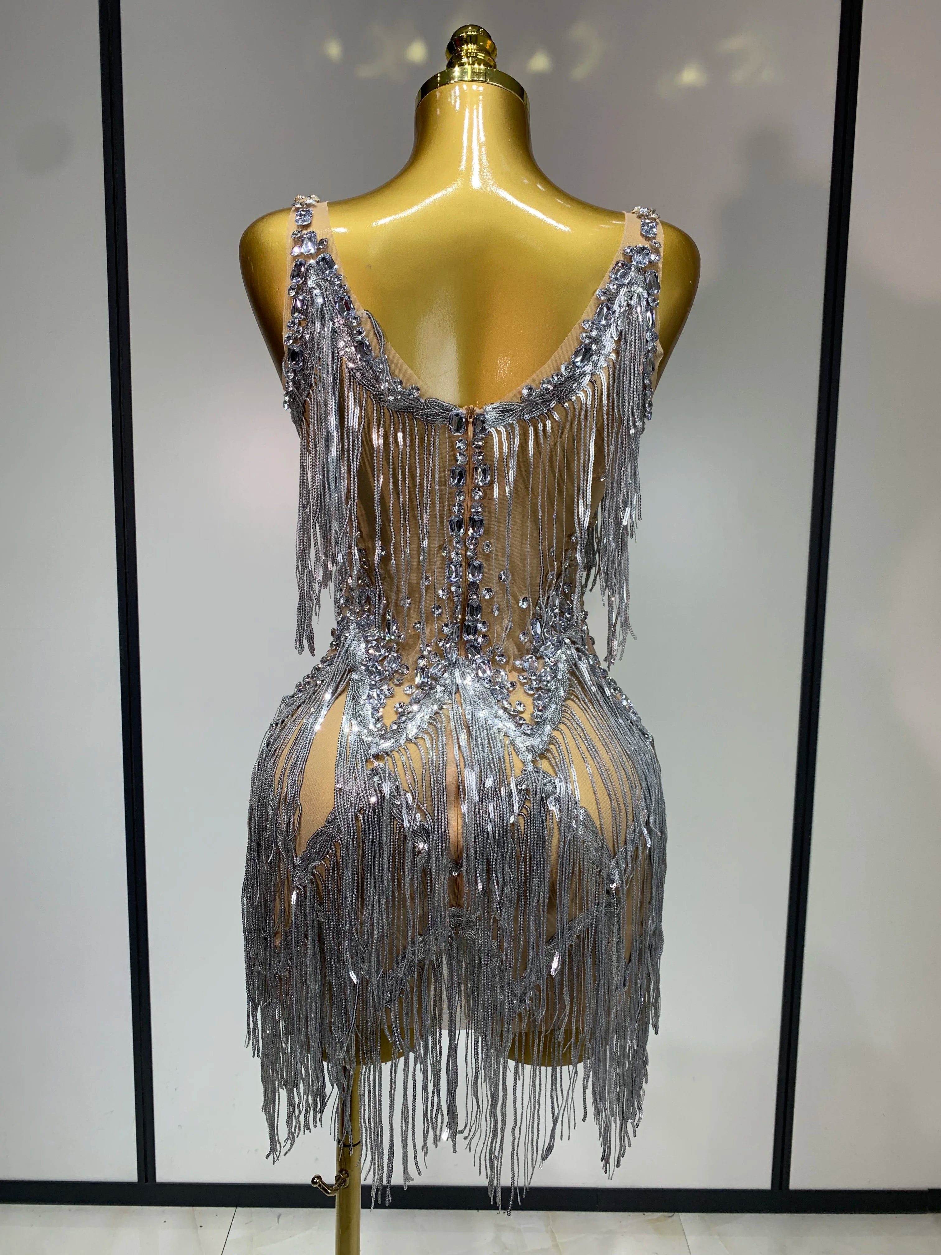 Sparkly Rhinestone Tassels Sexy Mesh See Through Dress 2025 Women Evening Party Luxury Birthday Nightclub Perform Stage Costume