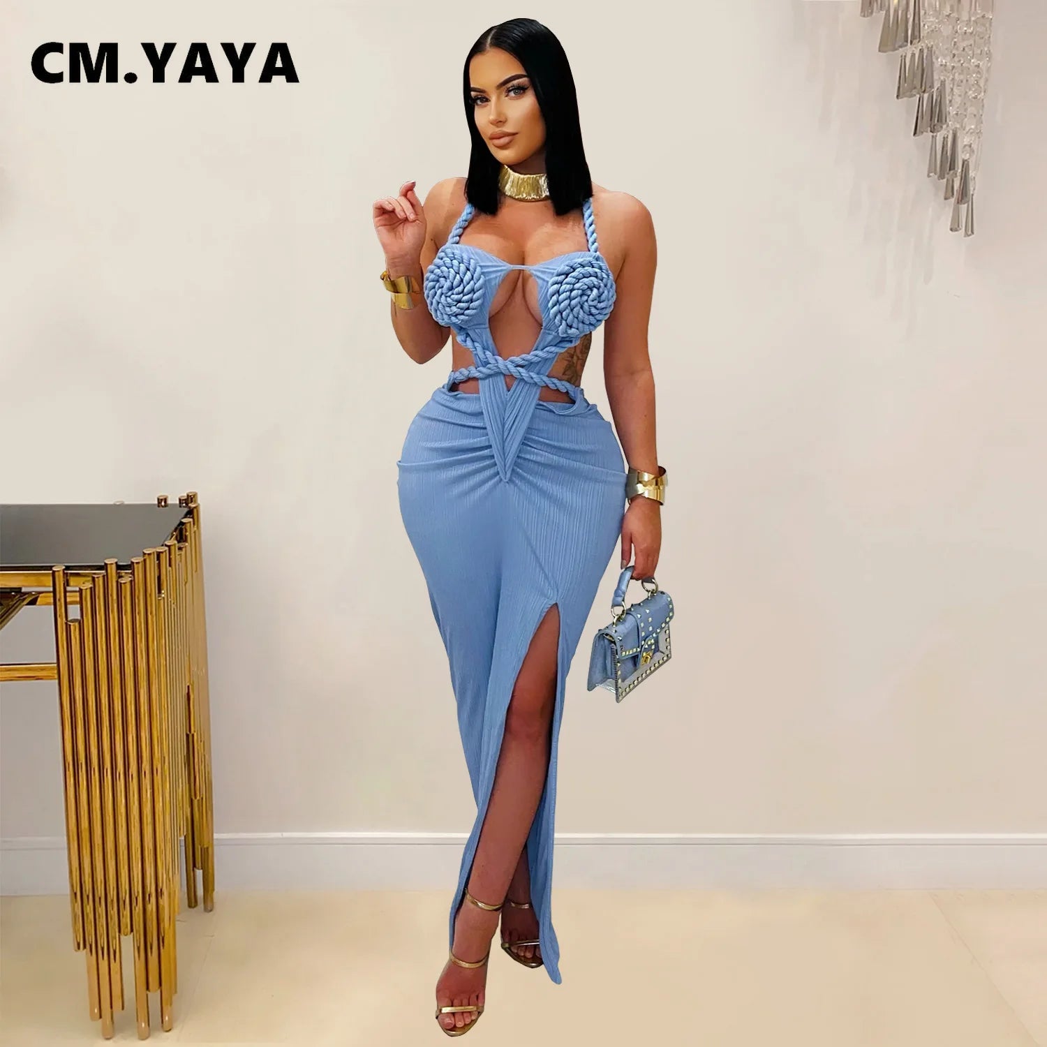Women Hemp Rope Halter Neck Stacked Ruched High Split Knit Bodycon Midi Maxi Long Dress 2025 Birthday Sexy Party Dresses