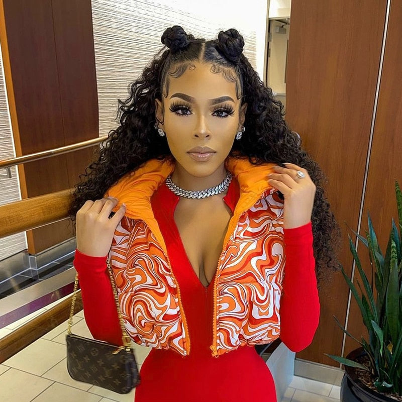 Sleeveless Clashing Graphic Slim Fitting Standing Collar Women'S Short Fitting Cotton Jacket