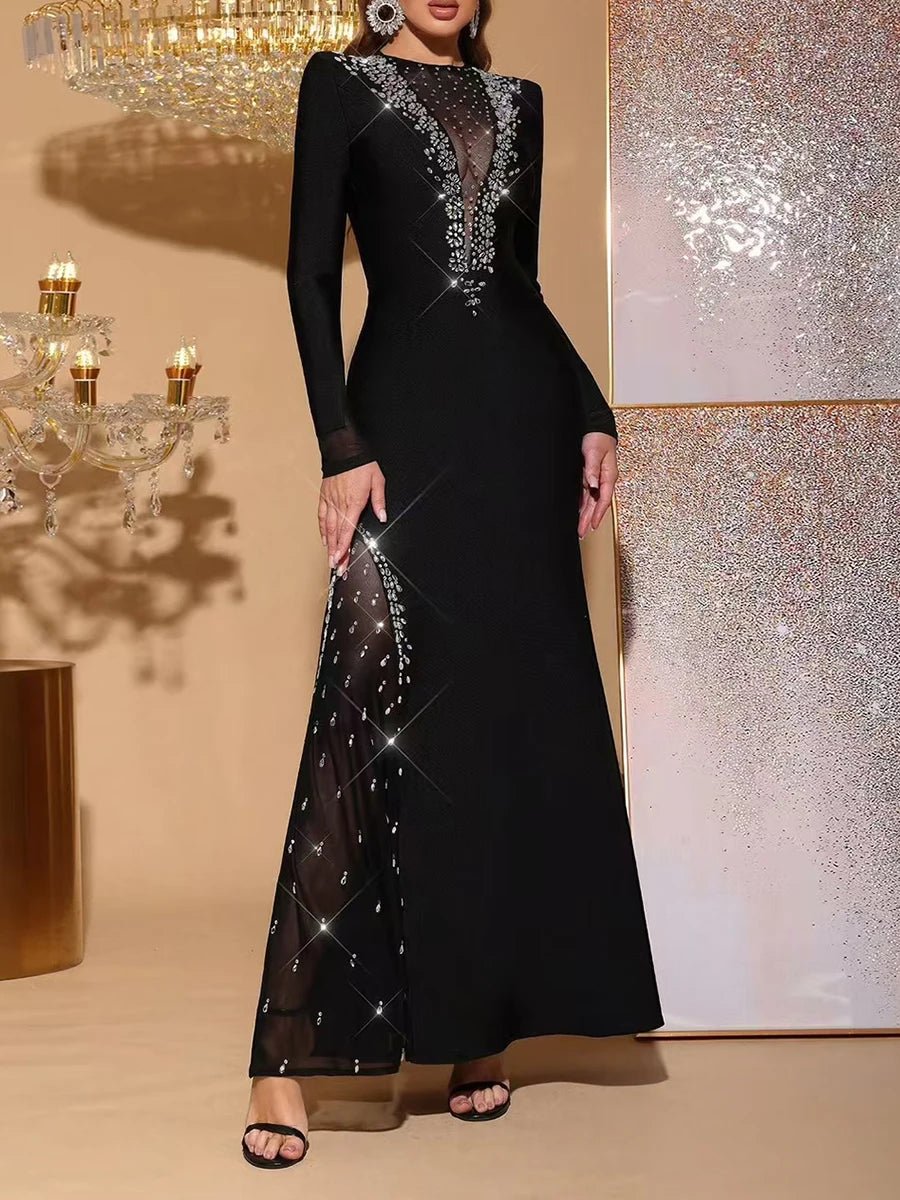 Solid Slimming Spliced Diamonds Dresses for Women Round Neck Long Sleeves Patchwork Mesh Dress Female Clothing New BLACK