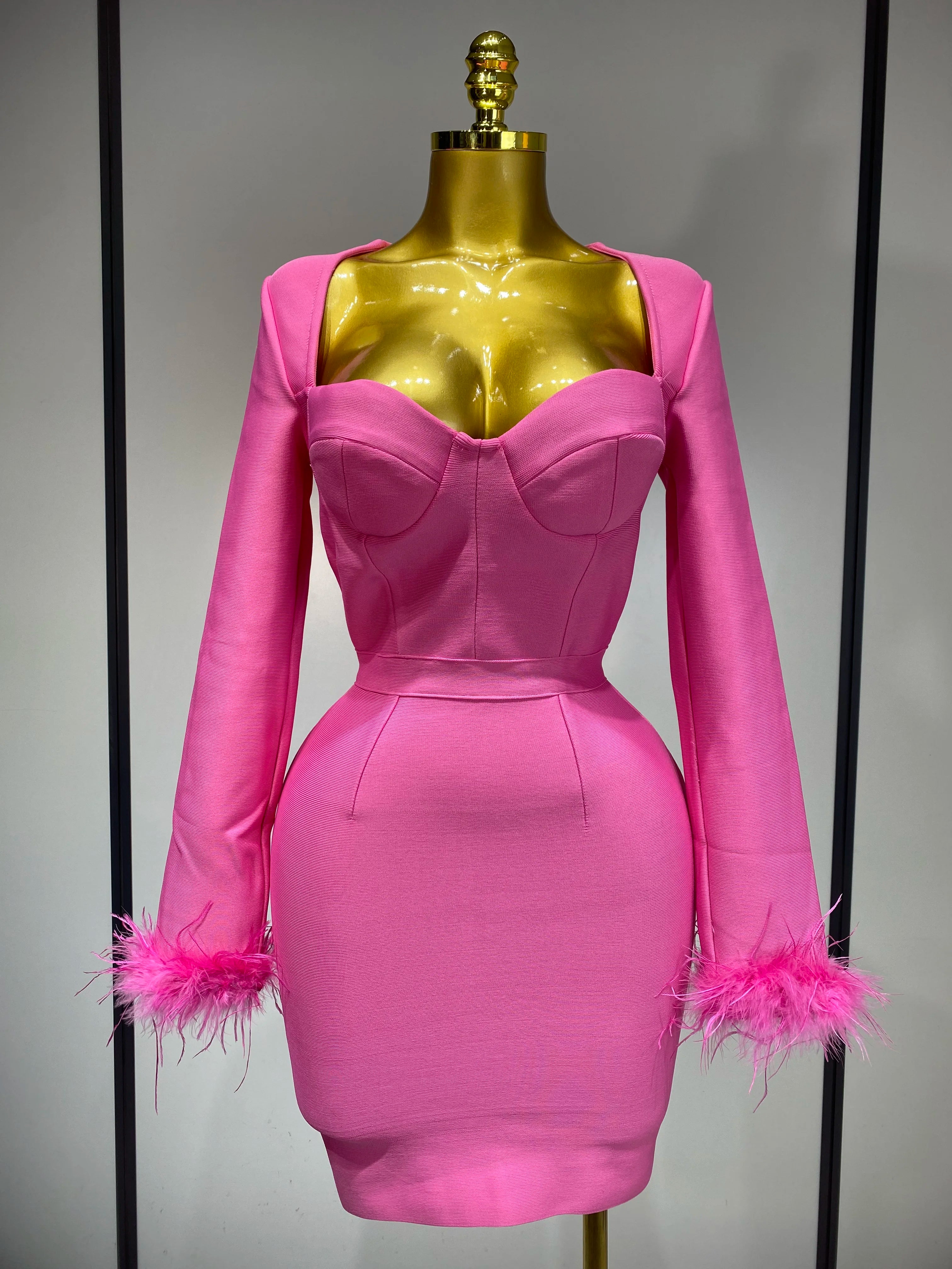 Women Fashion Sexy Long Sleeve Feathers Mini Bodycon Bandage Dress 2025 Elegant Evening Party Club Luxury Birthday Dresses Pink