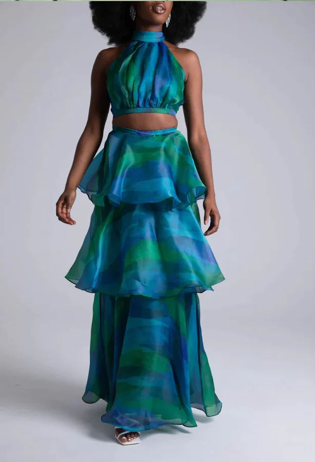 Women Dress Sleeveless Printed Vest Long Ruffles 2024 Summer Beach Sexy Night Party Dresses Outfits Blue-green