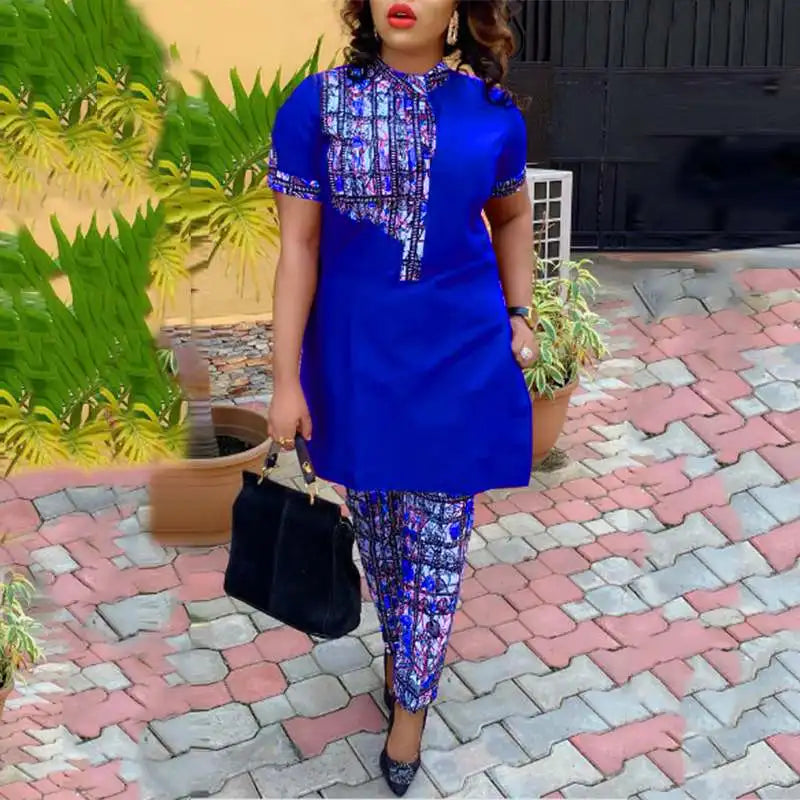 Plus Size VONDA Elegant Women Sets 2024 Office Suits Stand up Short Sleeve Printed Tops Pants Sets Oversized Pants Matching Sets Blue
