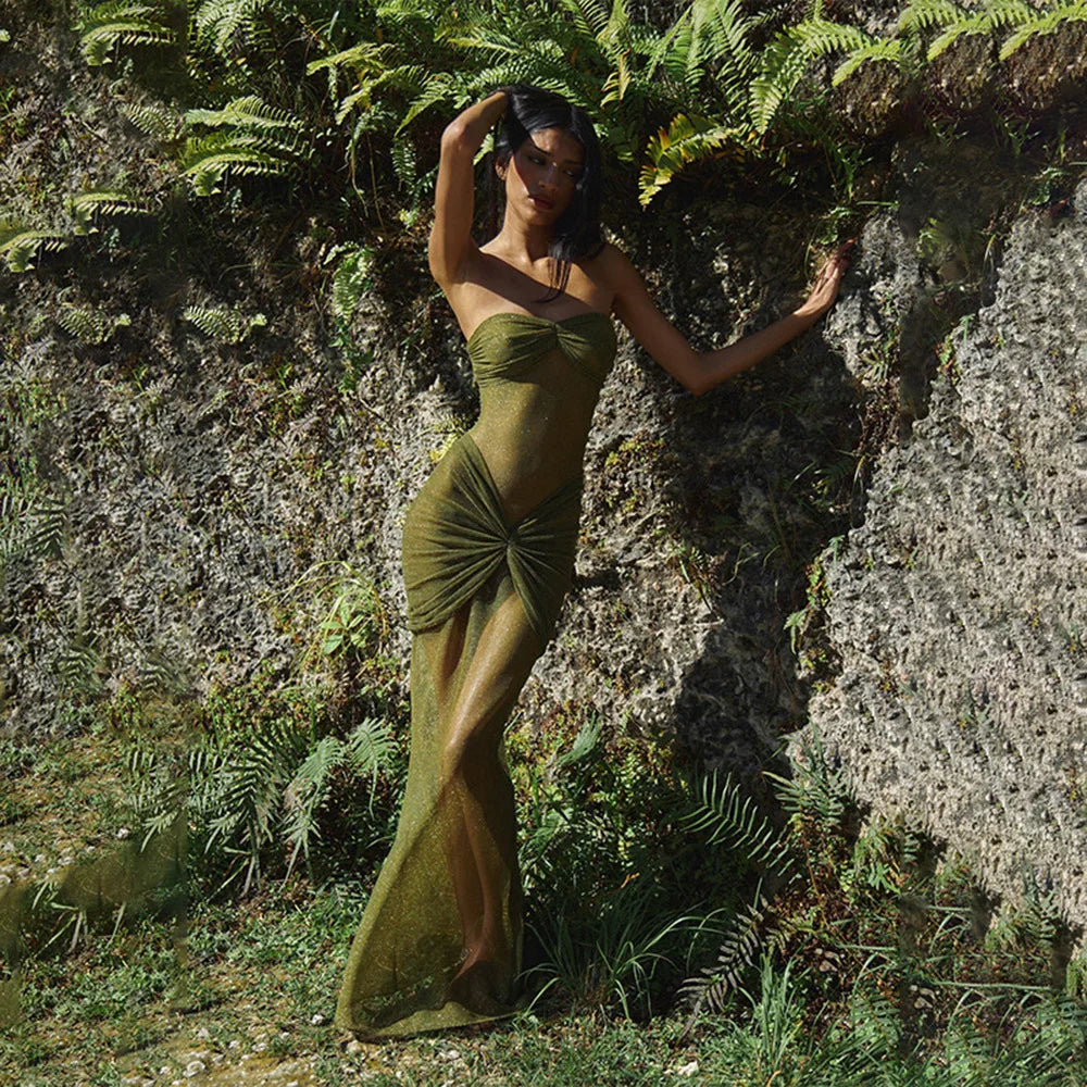 Armygreen Nude Color Women Sexy Strapless Bodycon Long Sequins Dress Celebrate Nightclub Party Birthday Fashion Dress Vestido army green