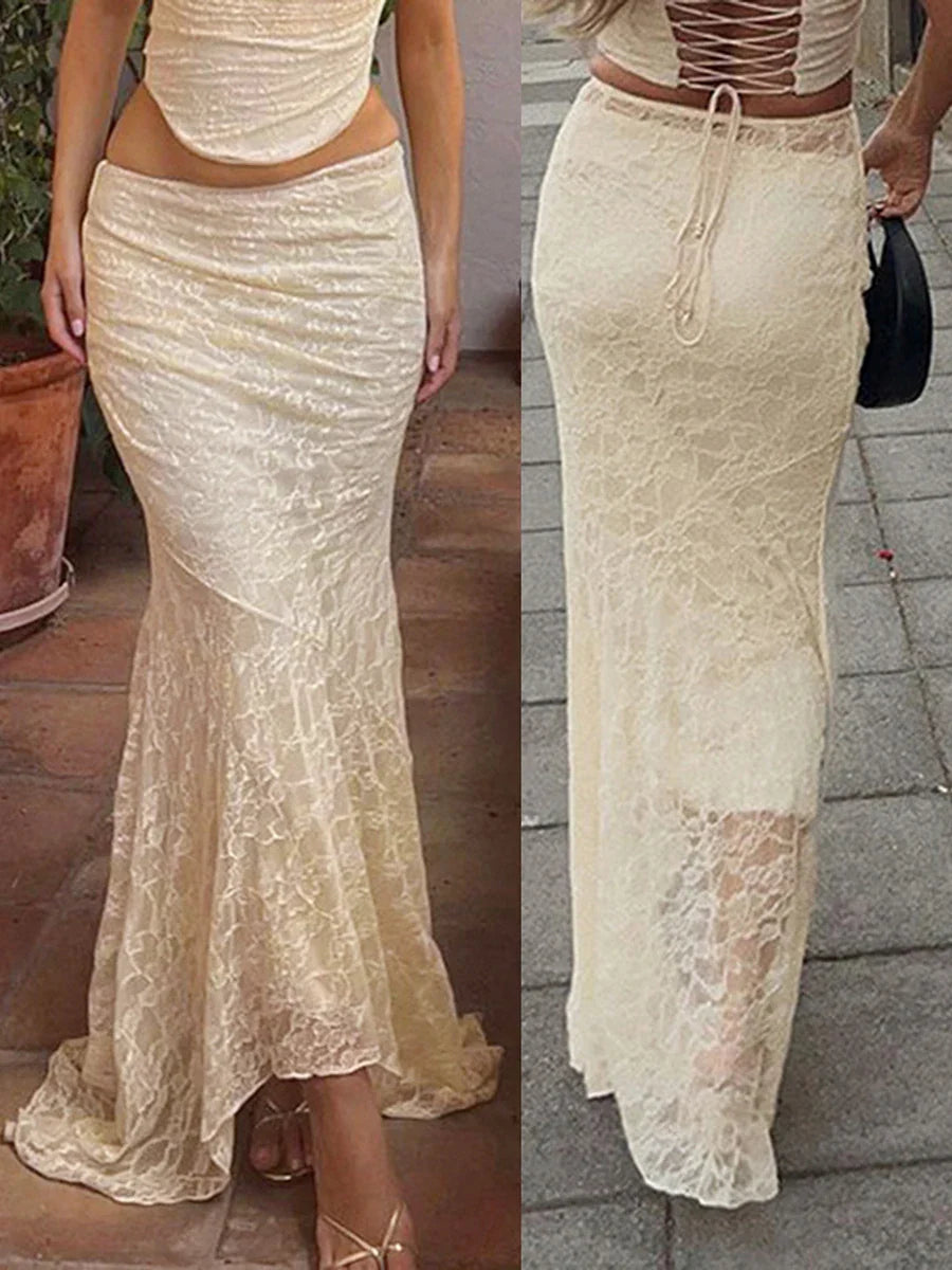 Women Lace Fishtail Skirt Casual for Beach Vacation See Through Mid-Waisted Maxi Skirts Women Autumn Spring