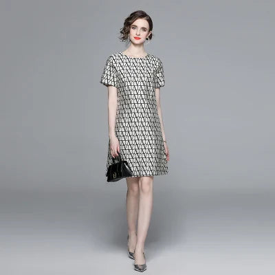 New Fashion Geometry Jacquard Short Sleeve Summer Dress Chic Elegant Temperament A-line Round Neck Dress Women Vestidos black