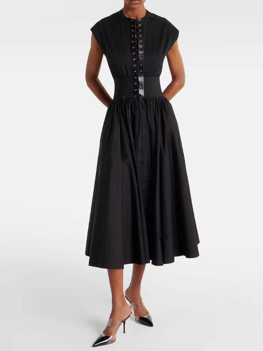 Solid Slimming Spliced Lace Up Elegant Dresses for Women Round Neck Sleeveless Patchwork Folds Dress Female Fashion