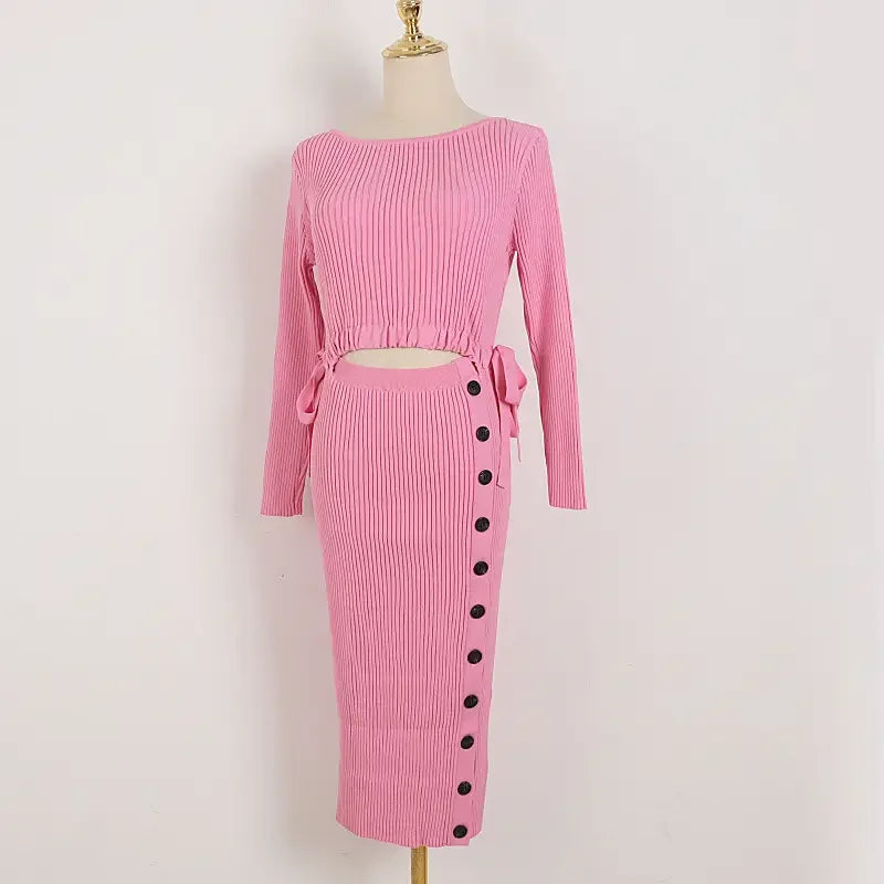 Knitted Sweater Dress Women Sexy High Slit Hollow Out Button Up Lace Up Long Sleeve Pink Black Midi Dresses Vestidos Clothes Pink One Size