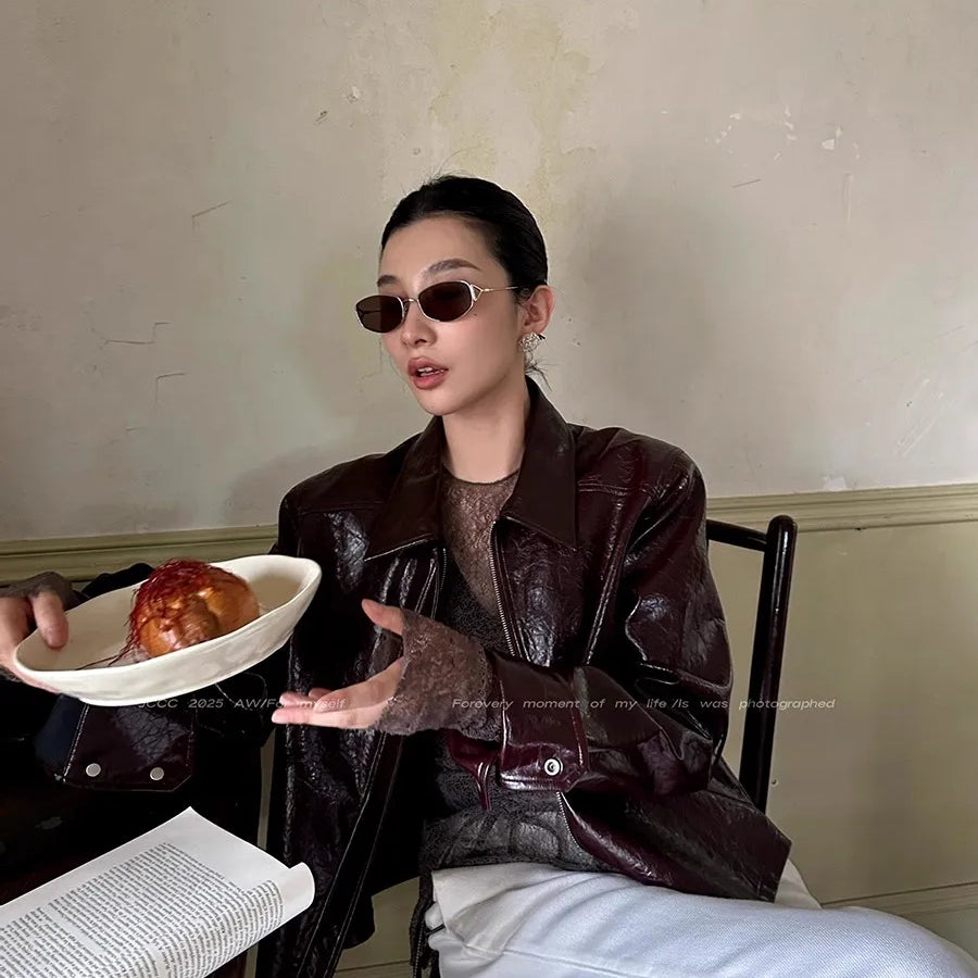 Lautaro Spring Autumn Short Pu Leather Jacket Women Zippper Turn-Down Collar High Quality Luxury Designer American Retro Clothes