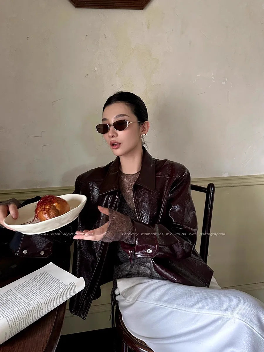 Lautaro Spring Autumn Short Pu Leather Jacket Women Zippper Turn-Down Collar High Quality Luxury Designer American Retro Clothes