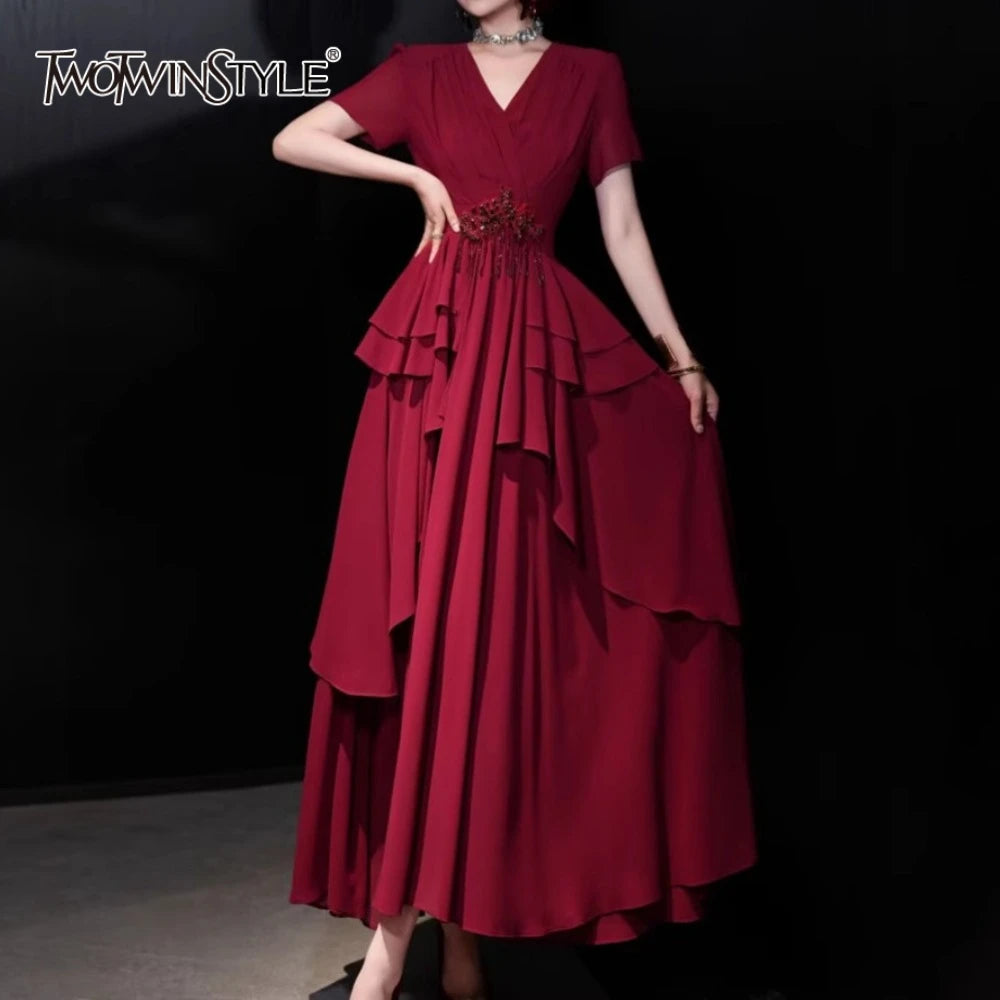 Solid Slimming Spliced Bead Dresses for Women V Neck Short Sleeves Patchwork Ruffles Folds Dress Female Clothes New