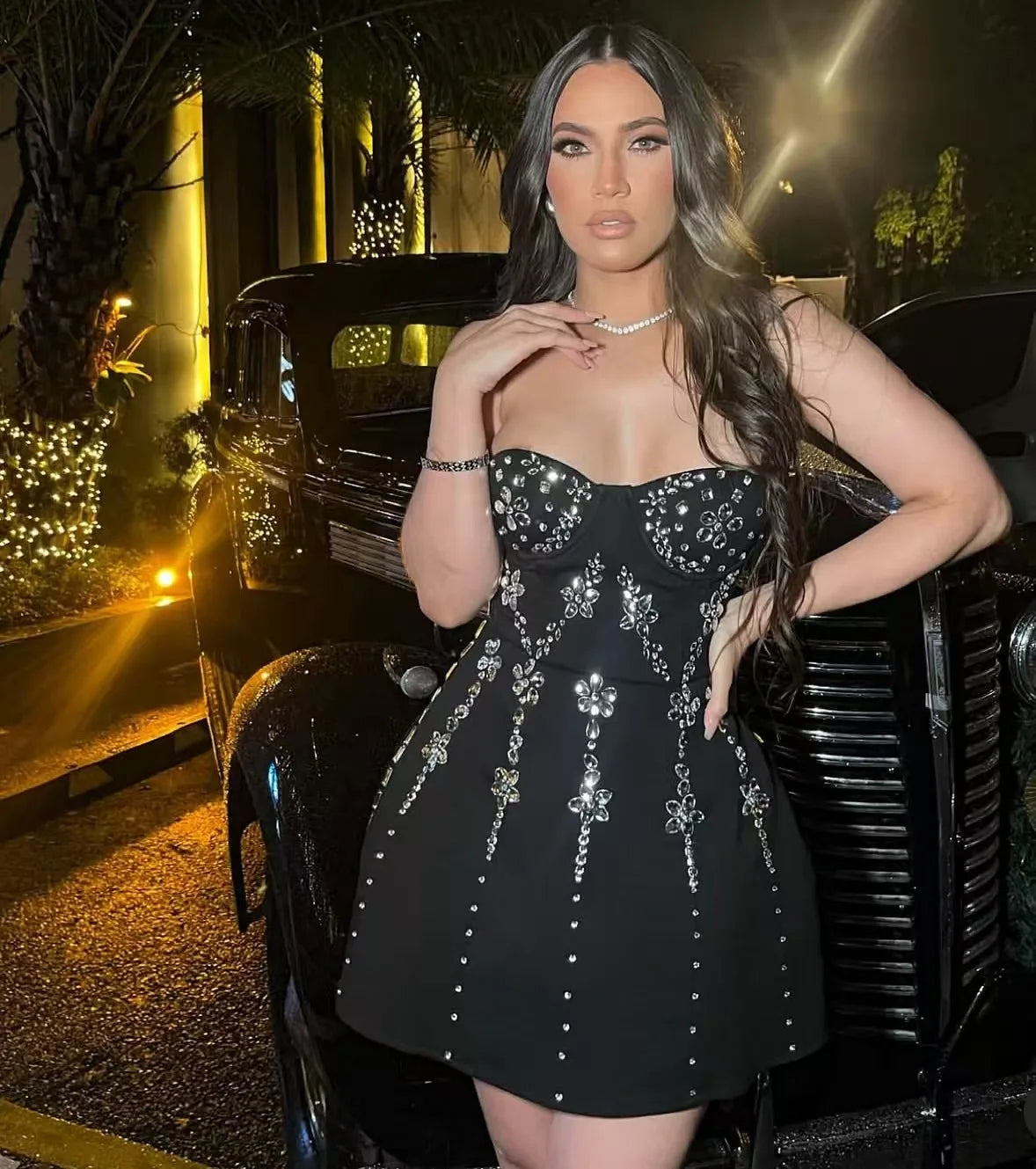 Black Red Women Sexy Strapless Shinning Crystal A-Line Mini Bandage Dress Celebrate Christmas Nightclub Party Outfit black