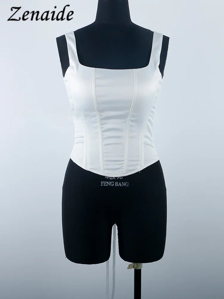 Zenaide Sexy Square Neck Satin Corset Crop Tops Summer Women Sleeveless Bandage Tank Top Camis Party Club 2023