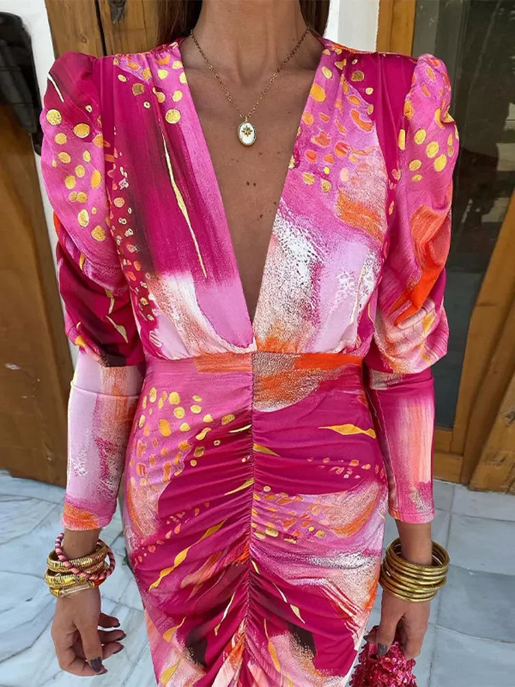 Elegant Tye Die Print Pleated Bodycon Maxi Dress Women Vintage Long Sleeve V-neck A-line Dresses Ladies Holiday Party Robes