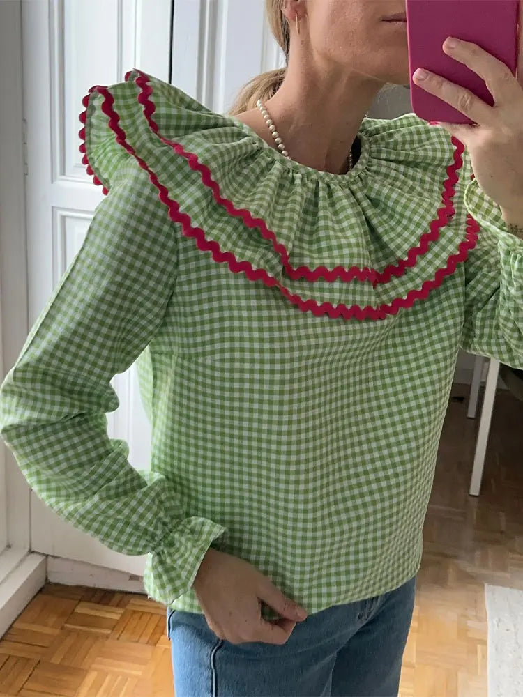 Spring Women Green Plaid Print Puff Sleeve T Shirt Elegant Casual Loose Ruffles O Neck Tops New Female Commute Streetwear