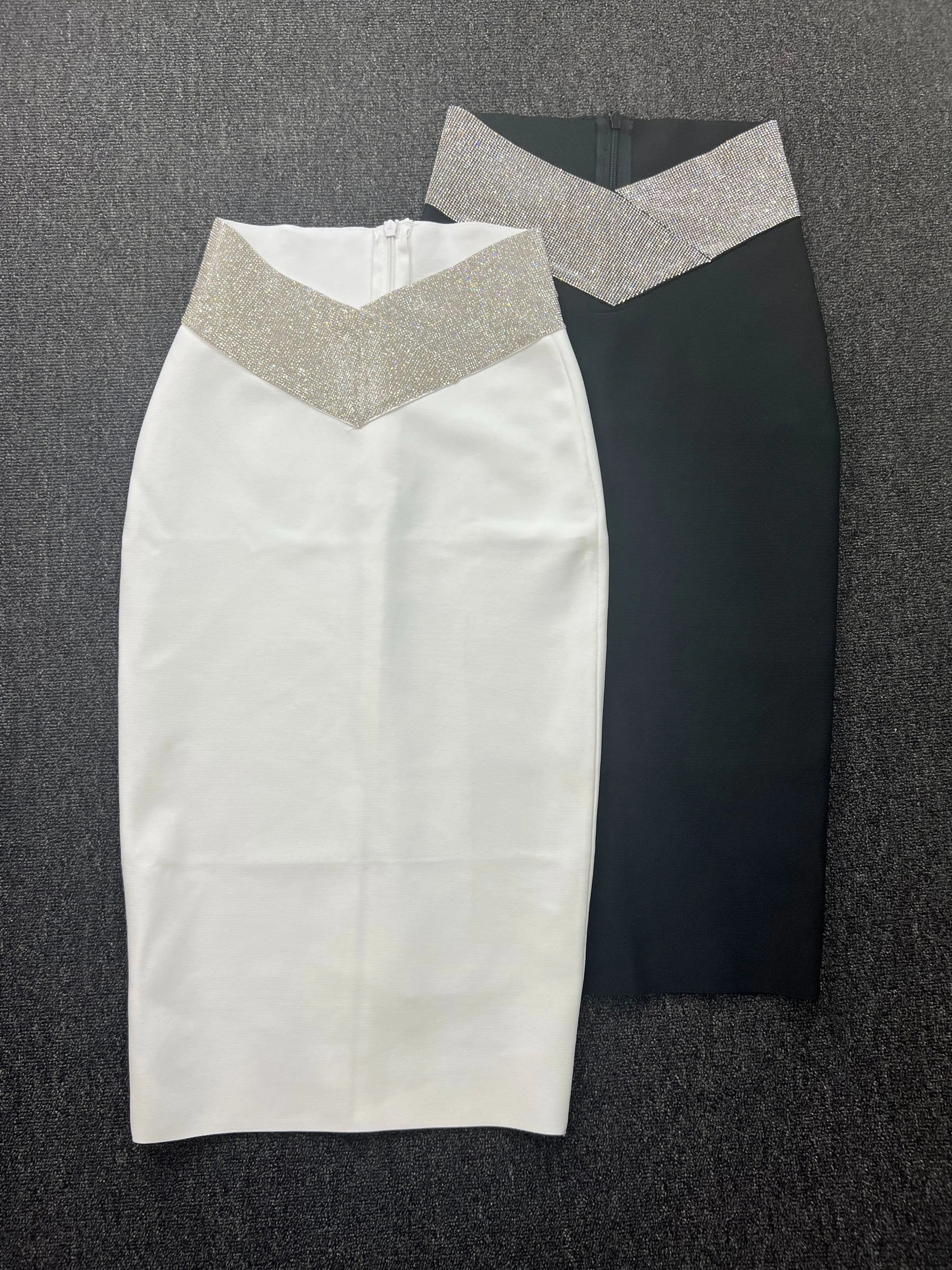 Women Crystal Diamonds White Black Bodycon Midi Bandage Skirt Designer High Waist Party Club Pencil Skirt 77cm