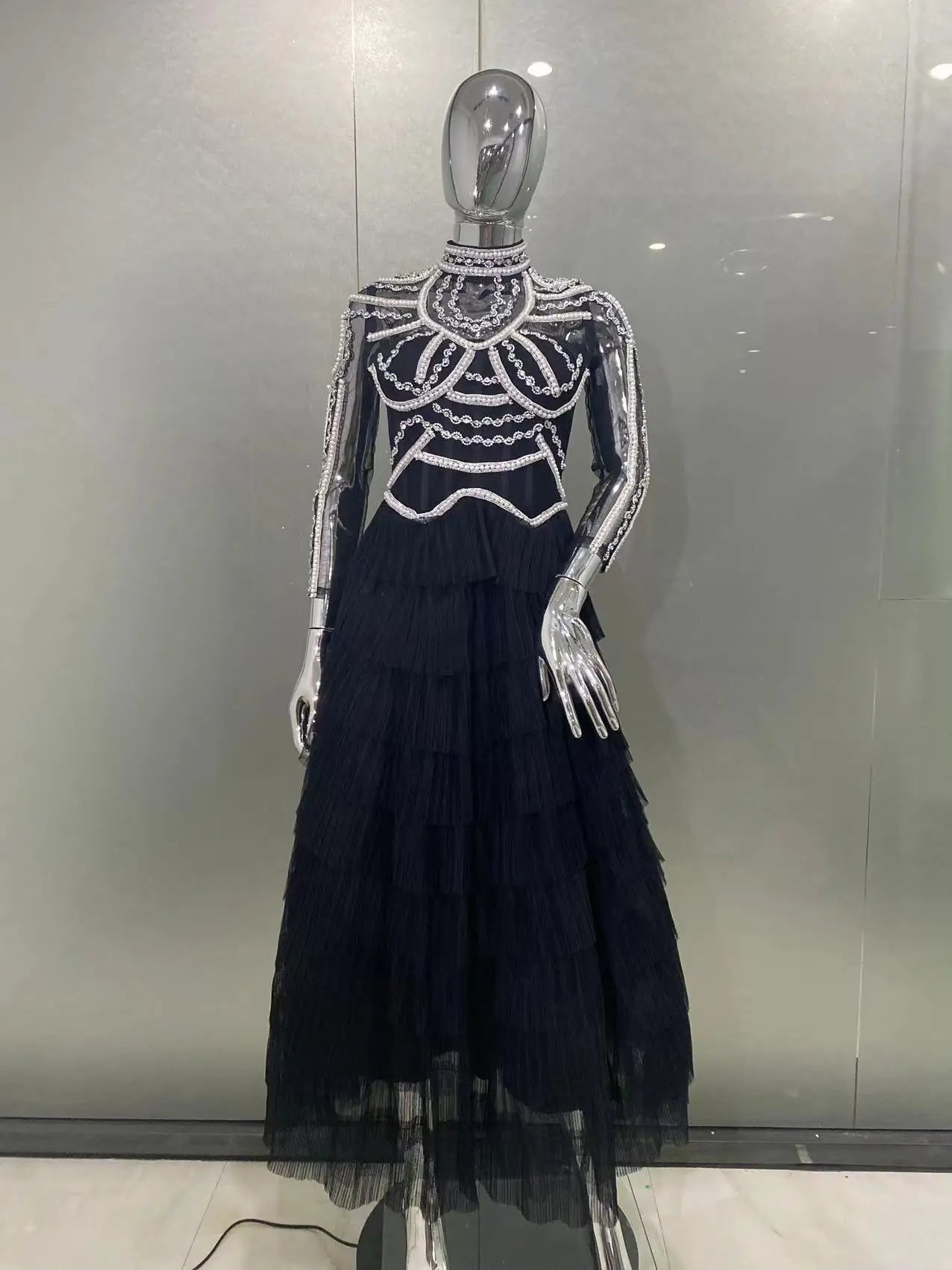 2024 New Autumn Women Long Sleeve Sexy Beading Crystal Ball Gown Long Dress Celebrate Fashion Red Carpet Celebrity Dress Vestido black