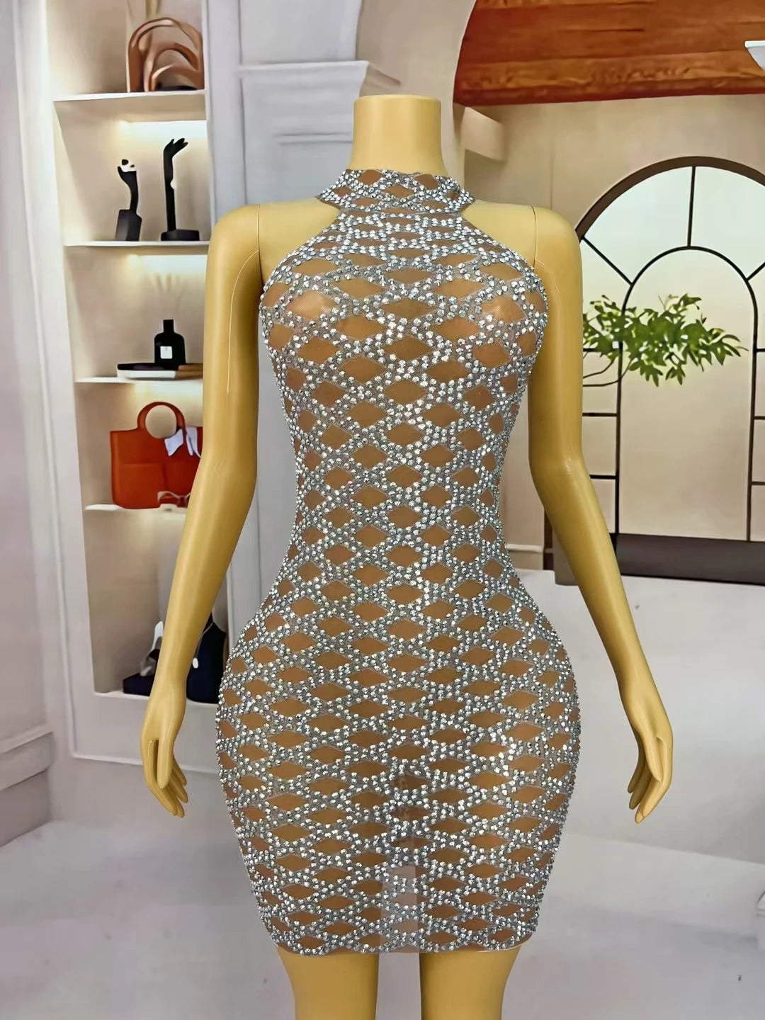 Women High-end Silver Crystals Mini Dress Sparkly Chic Ball Dress Sheer Mesh Sleeveless Birthday Party Sexy Dress linggejiaodian