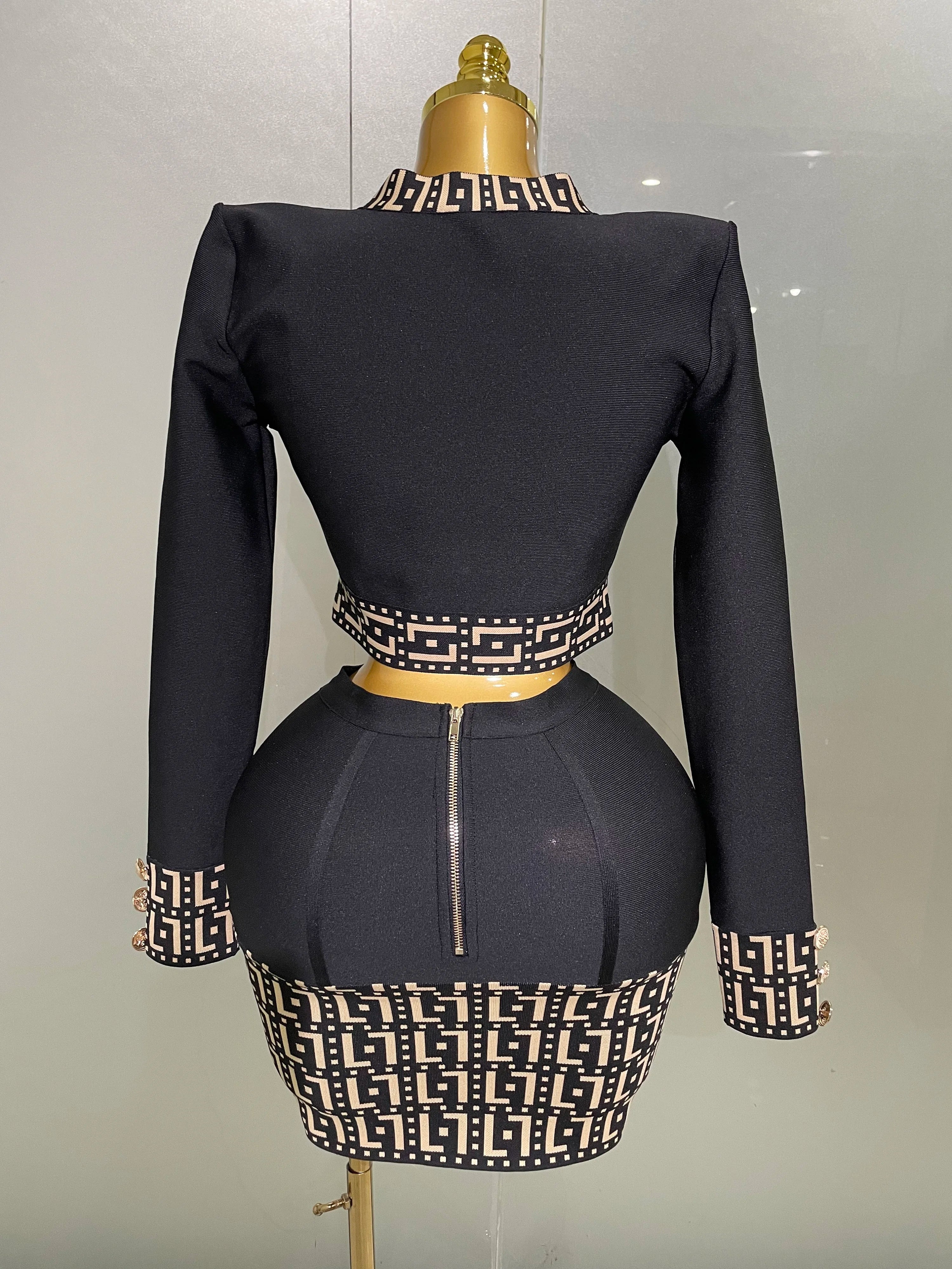2025New Trendy Black Long Sleeves Two Pieces Bandage Set Button Top Short Skirt Suit Evening Party Women's Outfit Nightclub Wear