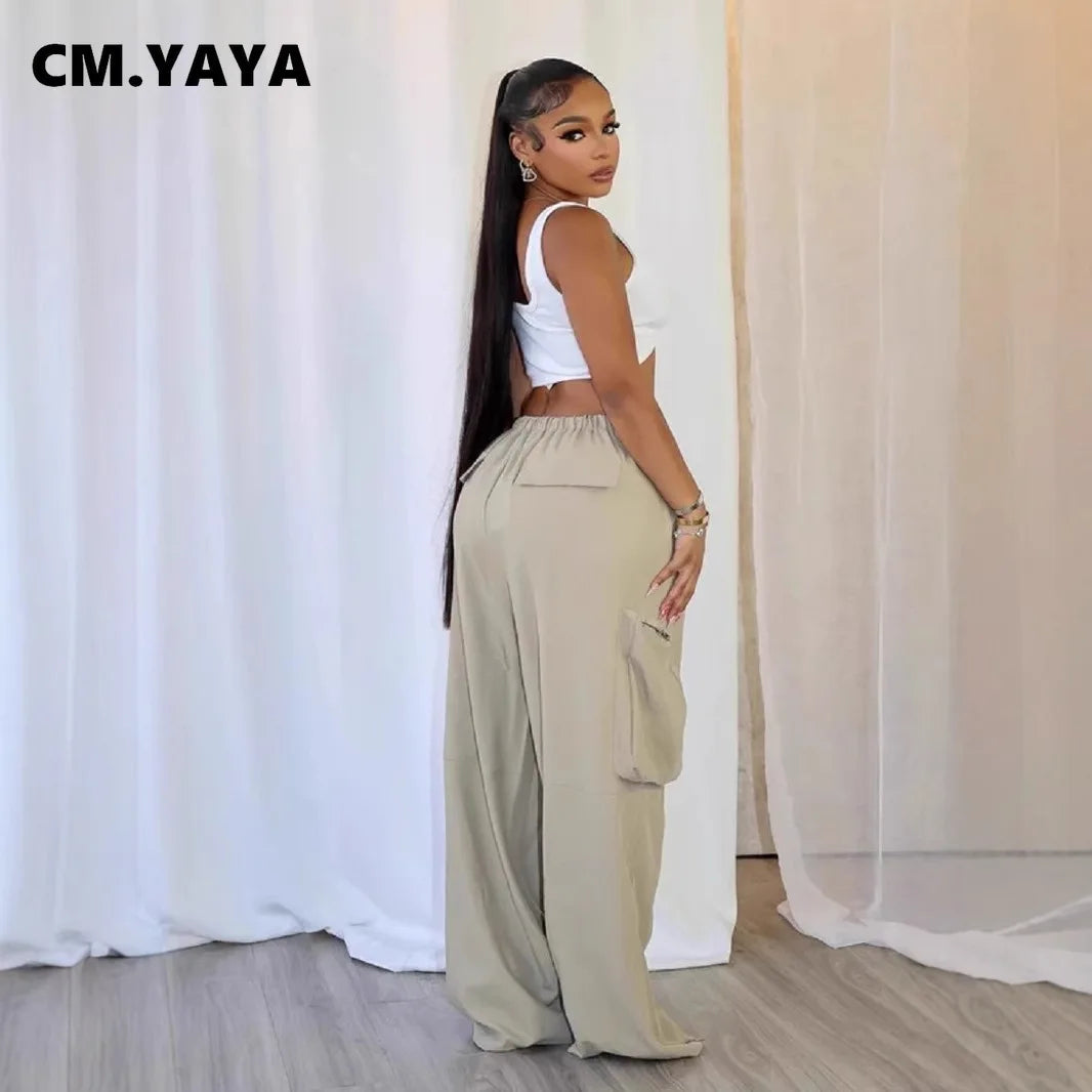 Women Fashion Zipper Pocket Side Zip Fly Split Hem Wide Leg Safari Style Pants 2025 Drawstring Summer Cargo Trousers