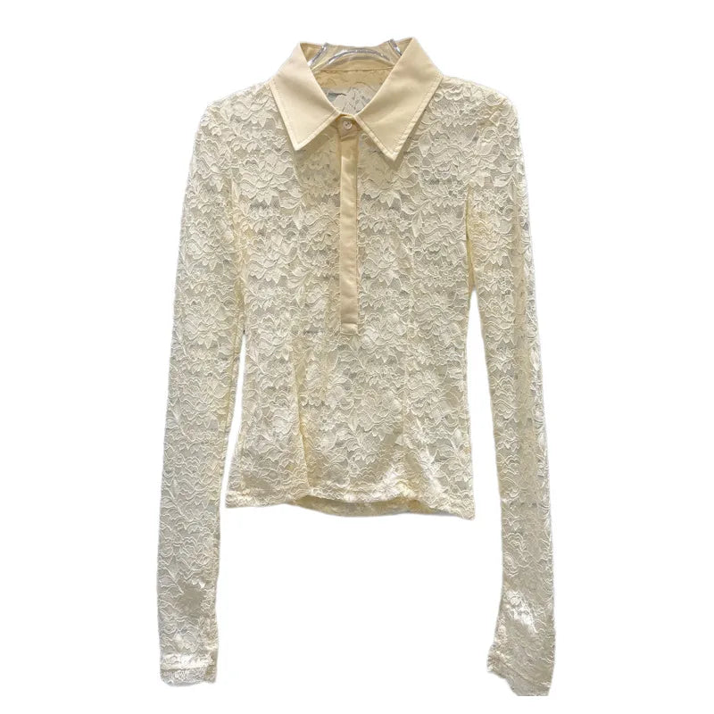 Spring New Fashionable Elegant V-neck Turn-down Collar Lace Hollow Long Sleeve Base Shirt For Women 11A07847