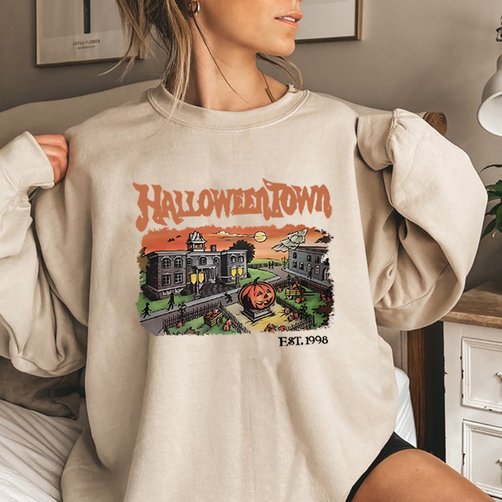 Retro HalloweenTown 1998 Crewneck Sweatshirt Halloween Shirt Funny Halloween Party Sweater Fall Pumpkin Tshirts Halloween Gift Khaki