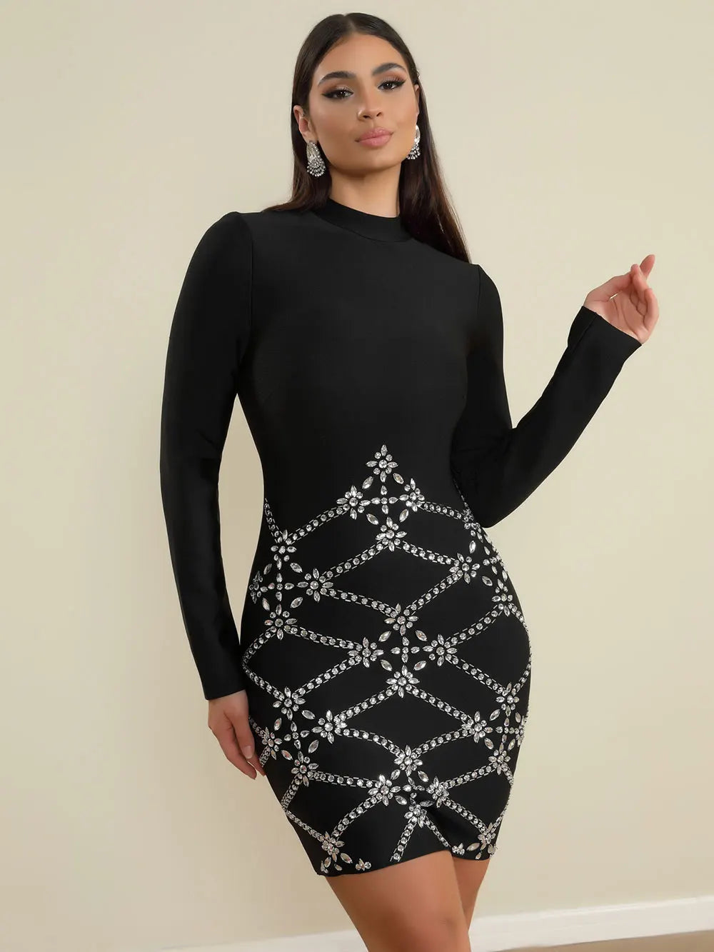 2025 Spring Elegant Women's Bandage Dress Stand Collar Long Sleeve Light Luxury Hot Diamond Bodycon Dress Club Party Vestidos black