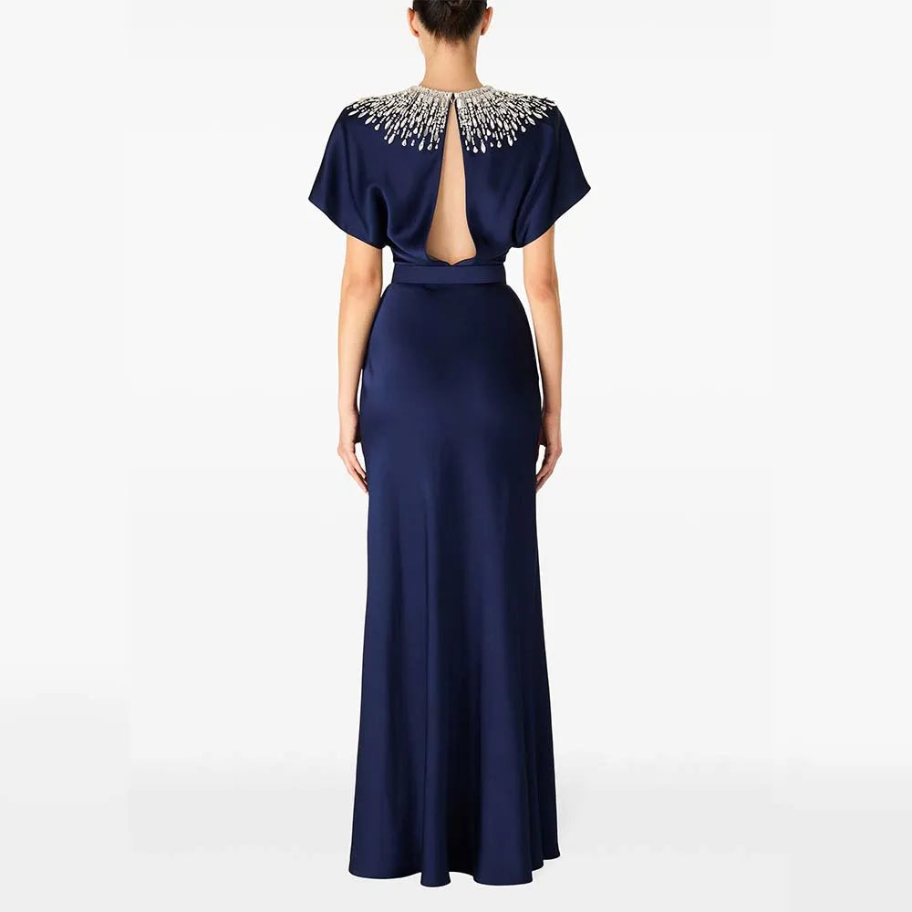 Solid Slimming Spliced Bead Luxurious Dresses for Women Round Neck Short Sleeves Tunic Elegant Dress Female Fashion