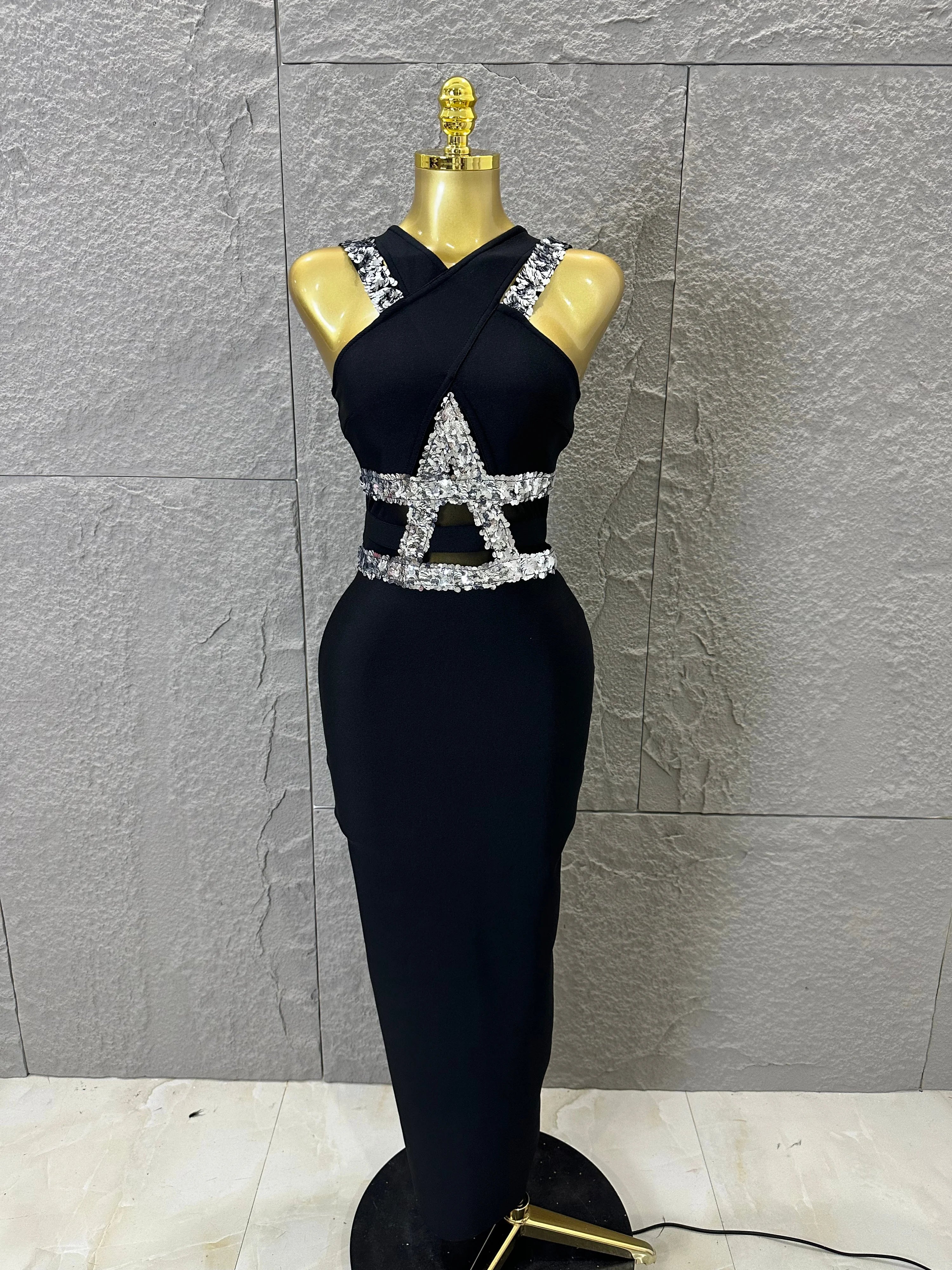 Elegant Black Halter Neck Maxi Dress Women Sexy Crisscross Crystal Embellished Sheer Mesh Cutout Waist Form-Fitting Outfit black