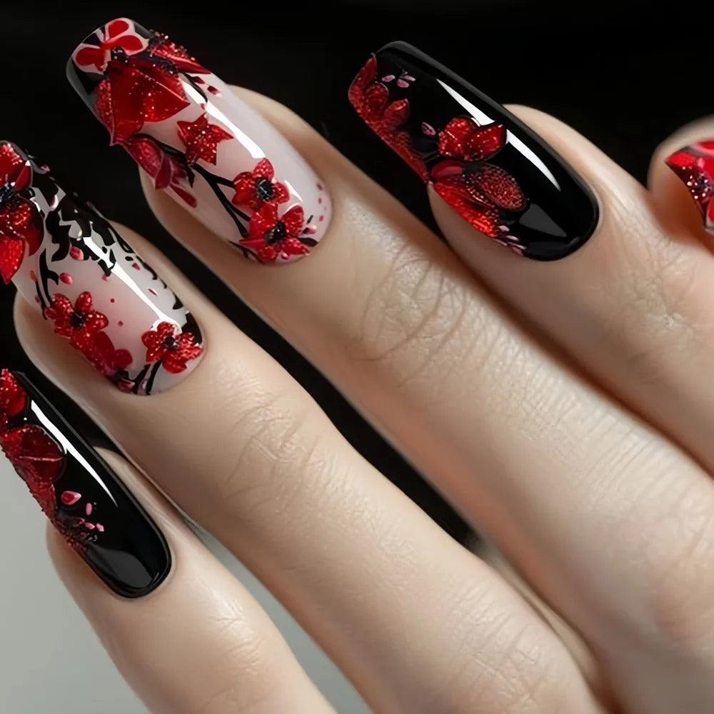 24pcs/set Medium long fake nails Swan fish flowers for summer season gradient almond square ballet tips press on false nails 2399