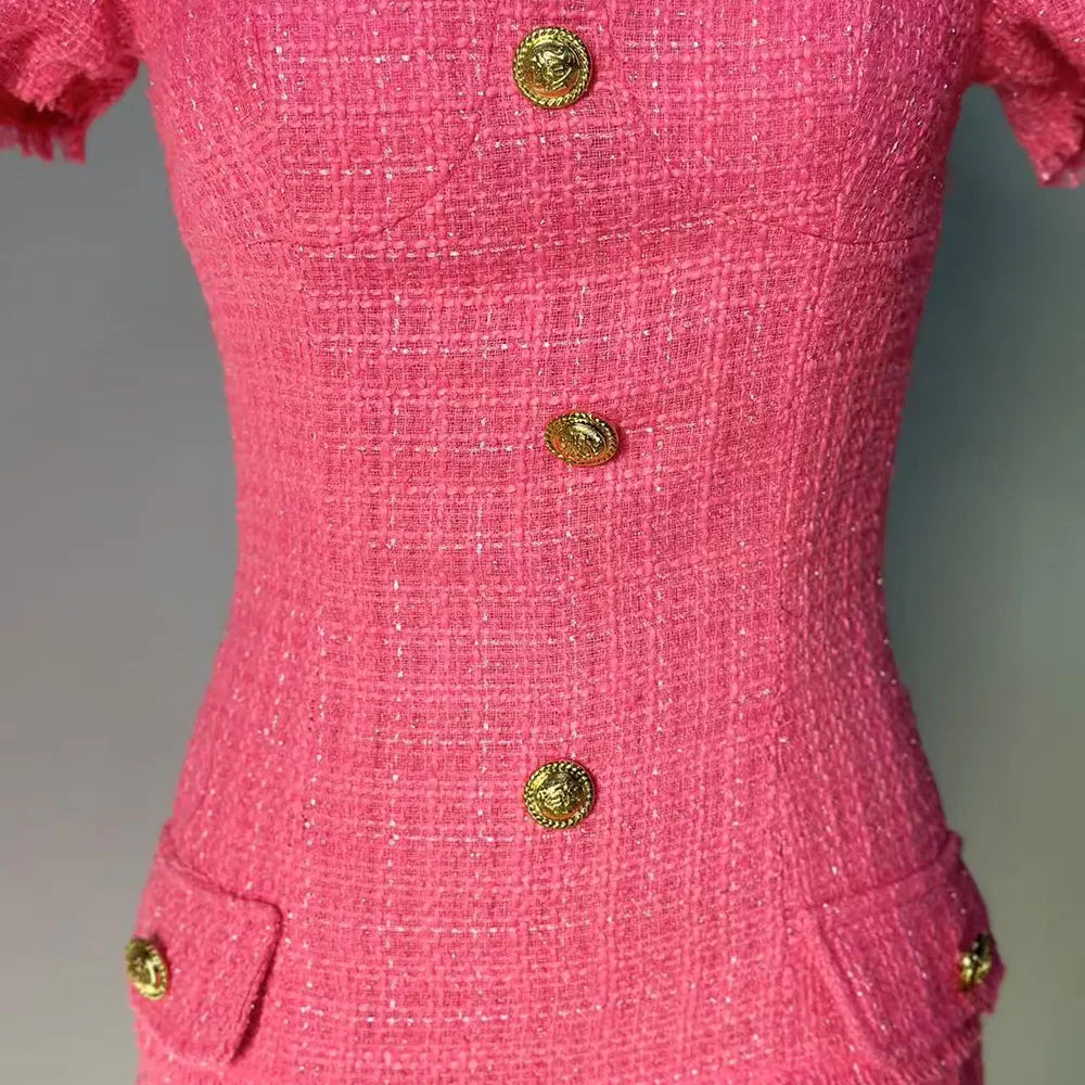 2025 Elegant Women's Small Fragrant Dress Square Neck Short Sleeve Button Design Bodycon Mini Dress Evening Party Vestidos