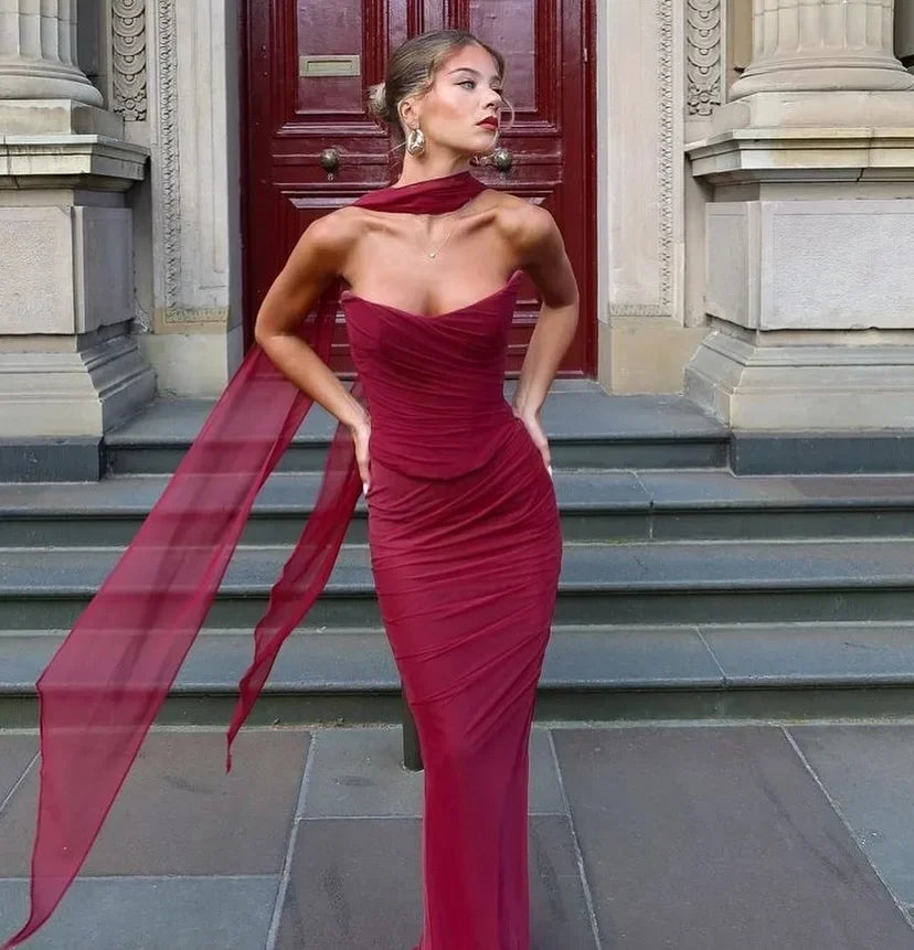 Suninheart Elegant Women 2 Piece Dress Set 2024 Strapless Bodycon Crop Top and Maxi Skirt Set Formal Wedding Guest Party Dress Maroon