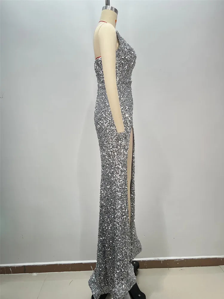 Women Sexy Strapless Backless Mesh Sequins Maxi Long Silver Bodycon Dress 2024 Elegant Party Evening Stage Performance Vestido