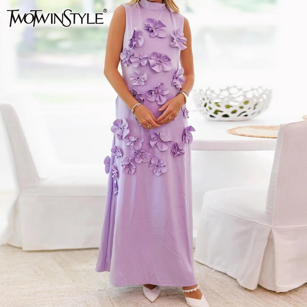 Solid Spliced Lace Up Dress For Women Stand Collar Sleeveless High Waist Patchwork Applique Maxi Dresses Female