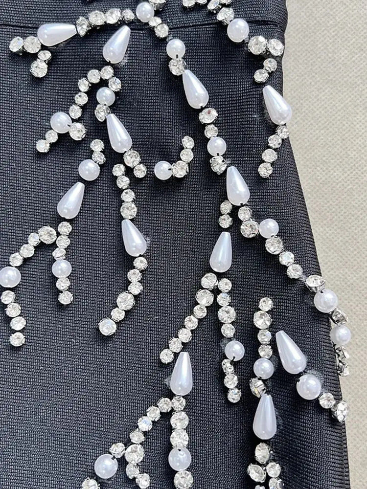 Ladies Diamond Beads Spaghetti Strap Backless Design Celebrity Evening Club Black Sleeveless Sexy Maxi Bandage Dress Vestidos