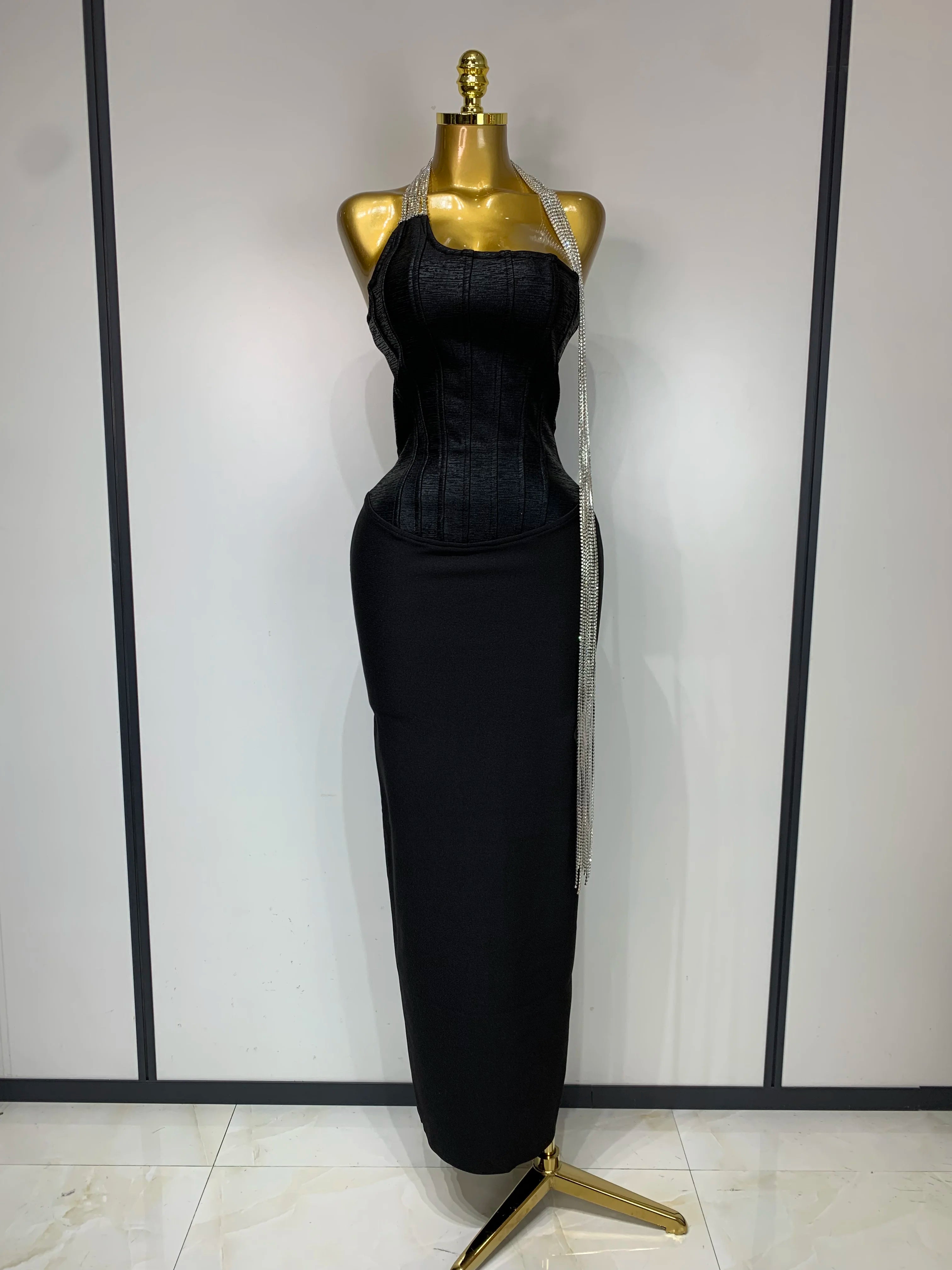 Women Sexy Strapless Backless Bandage Dresses Fashion Sleeveless Beading Cocktail Evening Party Luxury Birthday Prom Gown black