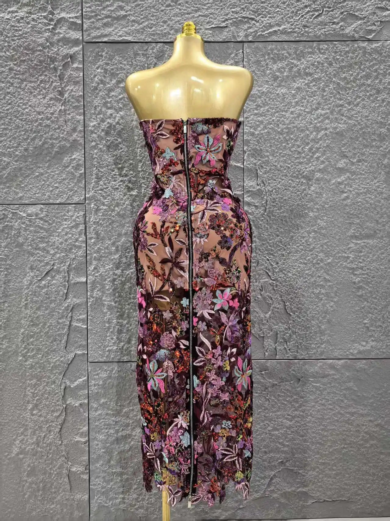 Top Quality Women Sexy Strapless Embroidery Florals Bodycon Long Dress Elegant Evening Party Cocktail Fashion Girls' Outfit