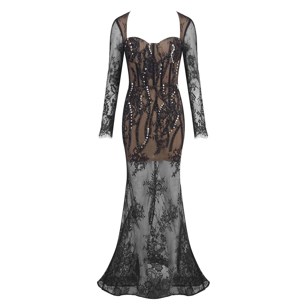 Elegant Sexy Black Sequins Pearl Lace-Sheer Long Sleeves Mermaid Dress for Formal Event Dinner Gown black