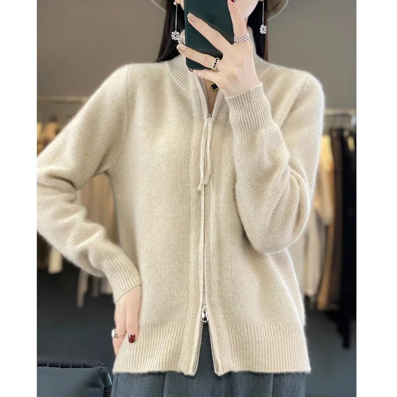 Women's 100% Merino Wool Knitting Sweater Clothing Autumn/Winter Casual Loose Top Fashion Korean Cashmere Large Zipper Jacket