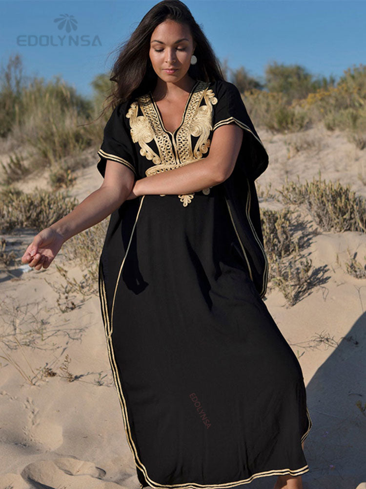 Vintage Embroidery Kaftan Sexy V-neck Batwing Sleeve High Waist Maxi Dress Tunic Women Clothing Summer Beach Dresses Q660 Black One Size