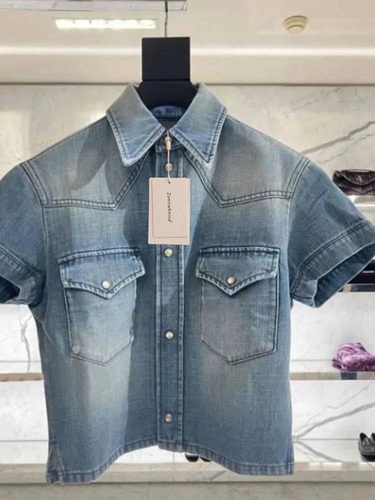 LUXE&ENVY Market Spring/Summer New Washed Old Cowboy Shirt Half Sleeve Single breasted Short sleeved Shirt Versatile Top