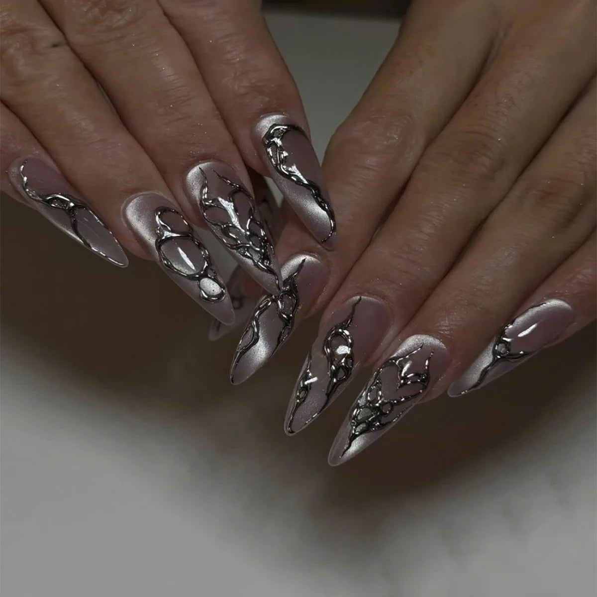 24pcs Long Stiletto Press on Nails Gradient Blue Full Cover Wearable Almond False Nails with Bow Rippled Design Fake Nail Sets F-741