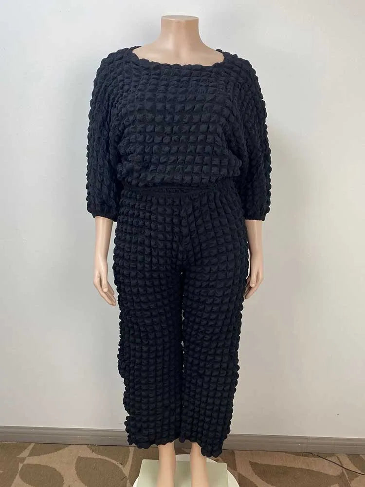 Curvy Plus Size Woman Clothing Fall Winter Long Sleeve 2 Piece Outfit Set Bubble Waffle Pleated Top and Pants Sets Elegant Suit